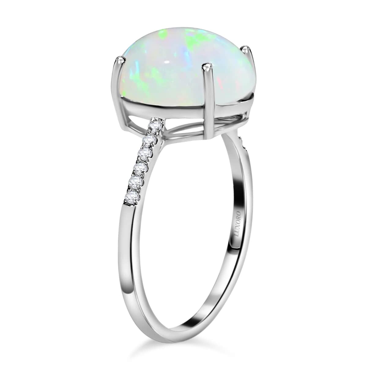 Certified & Appraised Luxoro AAA Ethiopian Welo Opal and G-H I1 Diamond 4.35 ctw Ring in 14K White Gold (Size 6.0) image number 3