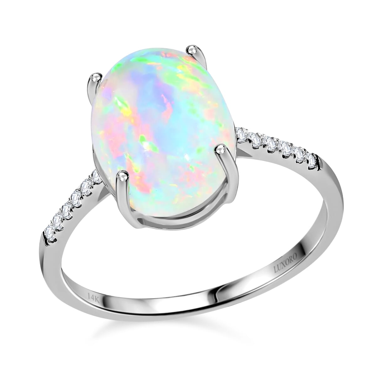Certified & Appraised Luxoro AAA Ethiopian Welo Opal and G-H I1 Diamond 4.35 ctw Ring in 14K White Gold (Size 7.0) image number 0