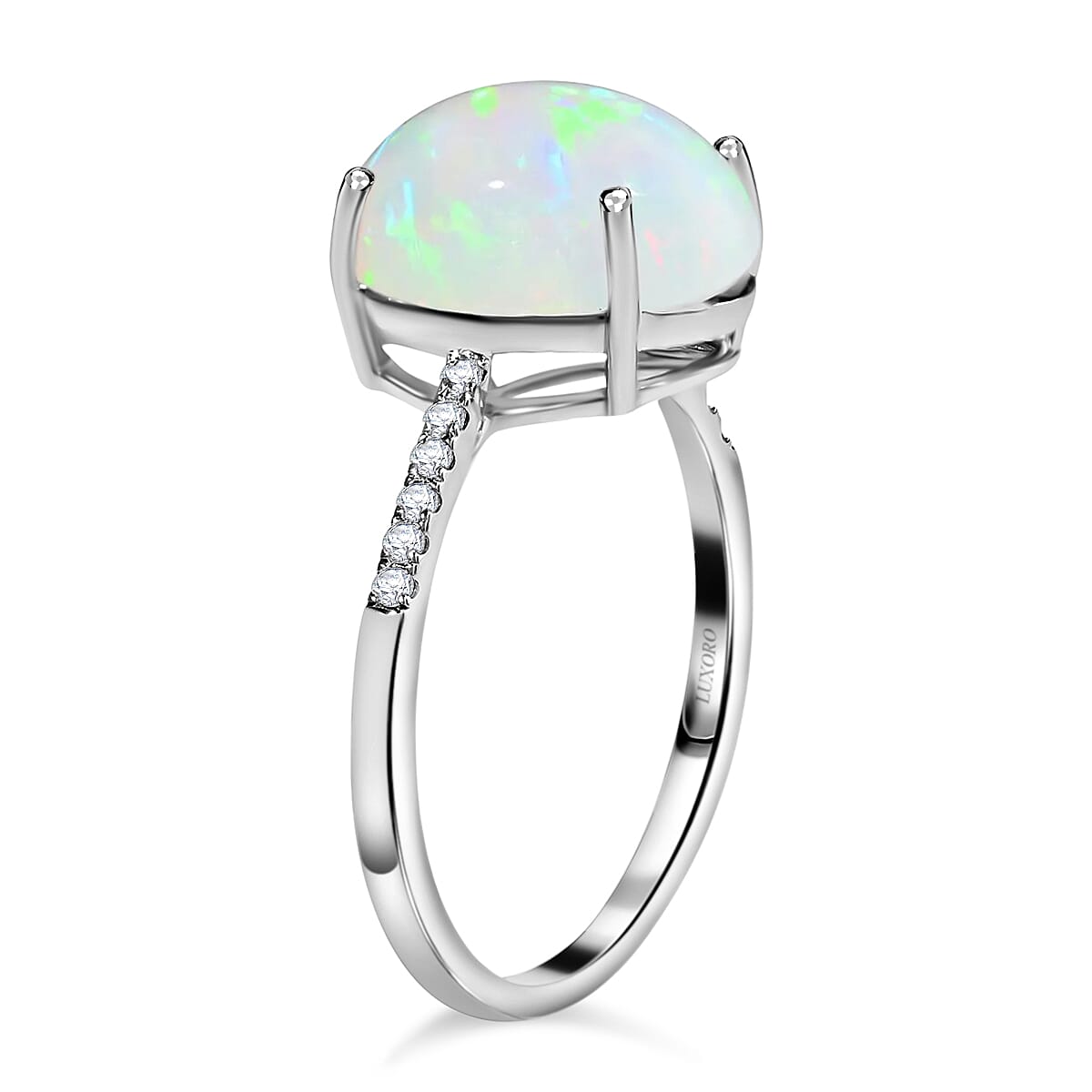 Certified & Appraised Luxoro AAA Ethiopian Welo Opal and G-H I1 Diamond 4.35 ctw Ring in 14K White Gold (Size 9.0) image number 3