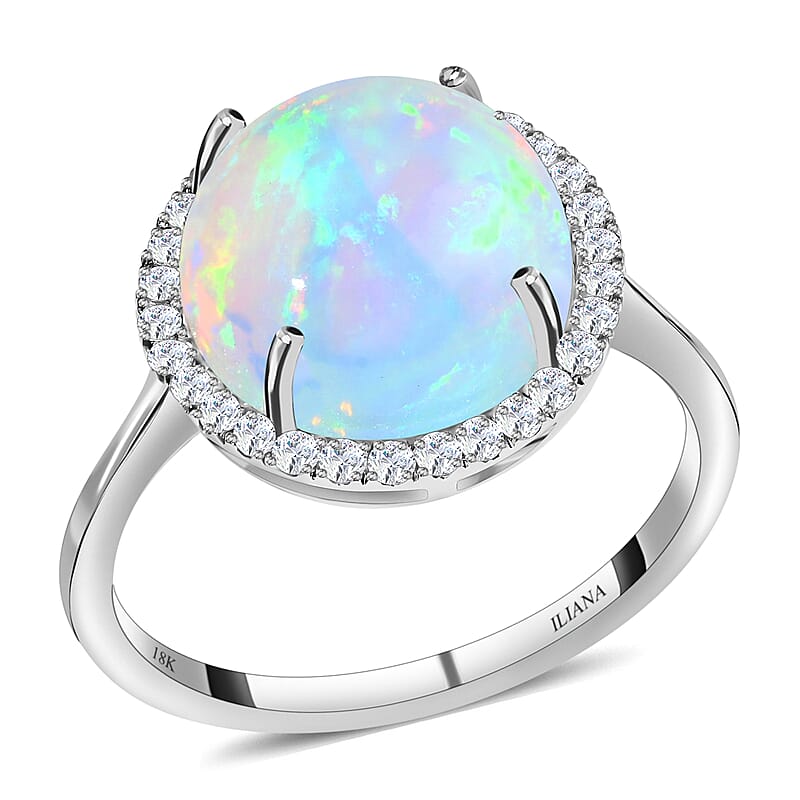 Certified and Appraised Iliana 18K White Gold AAA Ethiopian Welo Opal and G-H SI Diamond Halo Ring (Size 10.0) 4.35 ctw
