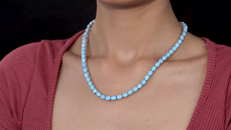 Larimar Tennis Necklace 18 Inches with Sea Horse Lock in Platinum Over Sterling Silver 51.15 ctw