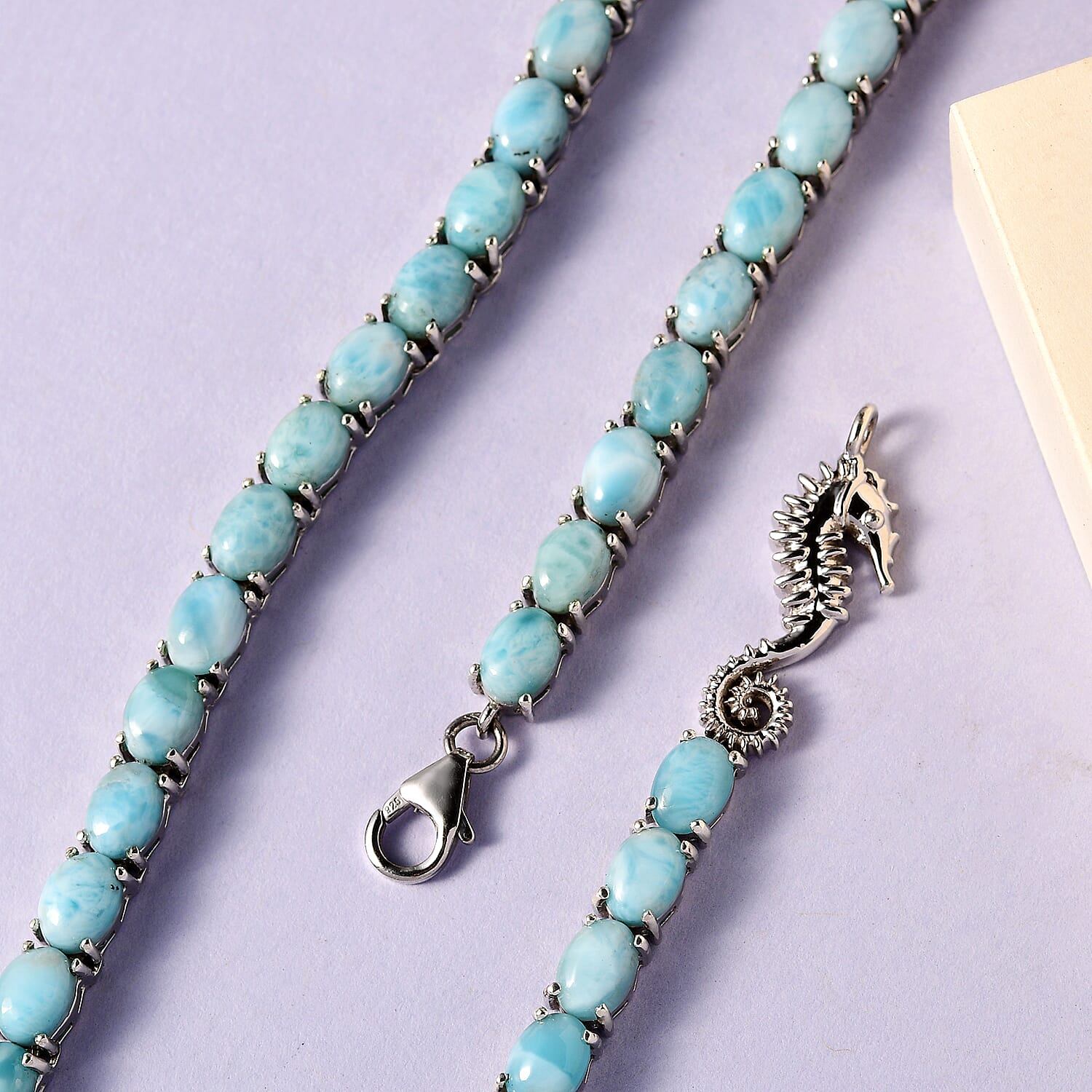 Larimar Tennis Necklace 18 Inches with Sea Horse Lock in Platinum Over Sterling Silver 51.15 ctw