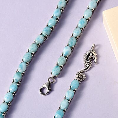 Larimar Tennis Necklace 18 Inches with Sea Horse Lock in Platinum Over Sterling Silver 51.15 ctw
