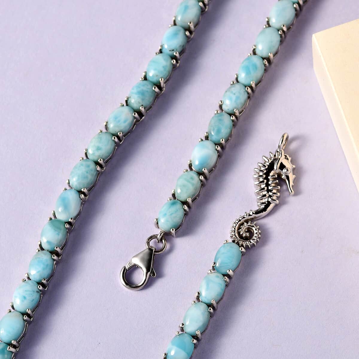 Larimar Tennis Necklace 18 Inches with Sea Horse Lock in Platinum Over Sterling Silver 51.15 ctw image number 1