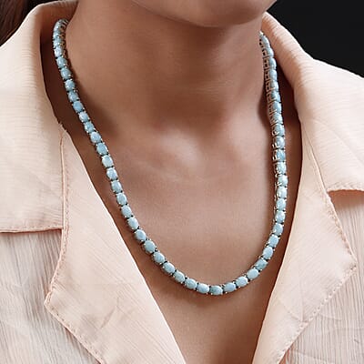 Larimar Tennis Necklace 18 Inches with Sea Horse Lock in Platinum Over Sterling Silver 51.15 ctw