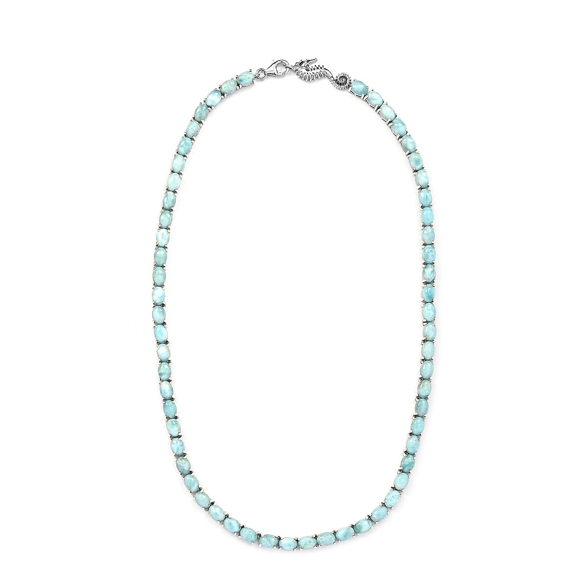 Larimar Tennis Necklace 18 Inches with Sea Horse Lock in Platinum Over Sterling Silver 51.15 ctw