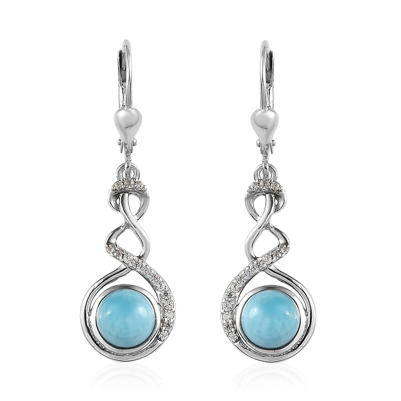 Larimar and White Zircon Lever Back Earrings in Platinum Over Sterling Silver 3.40 ctw