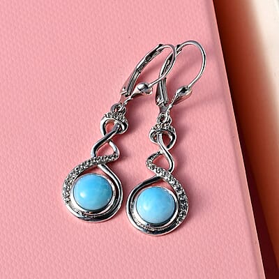 Larimar and White Zircon Lever Back Earrings in Platinum Over Sterling Silver 3.40 ctw