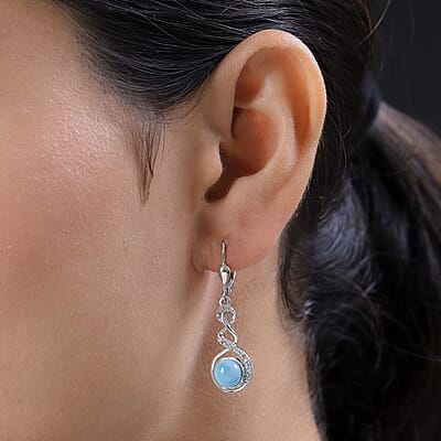 Larimar and White Zircon Lever Back Earrings in Platinum Over Sterling Silver 3.40 ctw