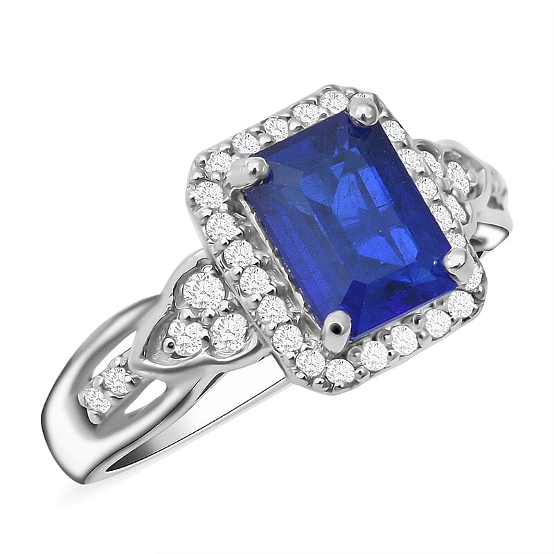 Tanzanian Blue Spinel and Natural White Zircon Ring in Platinum Over Sterling Silver (Size 10.0) 2.25 ctw