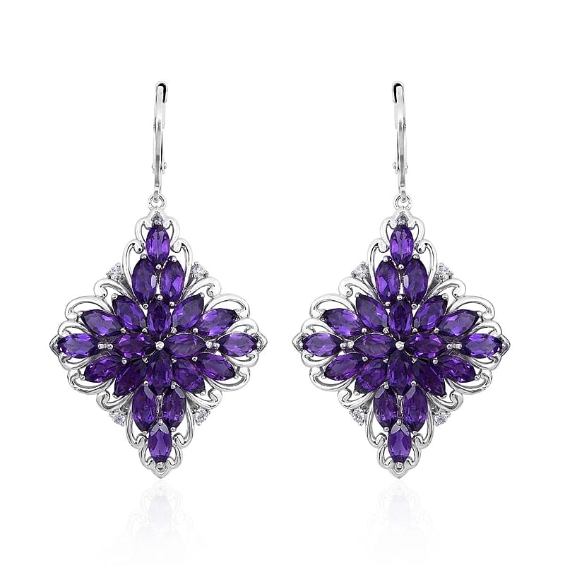 Amethyst and Natural White Zircon Sparkle Earrings in Platinum Over Sterling Silver 11.00 ctw