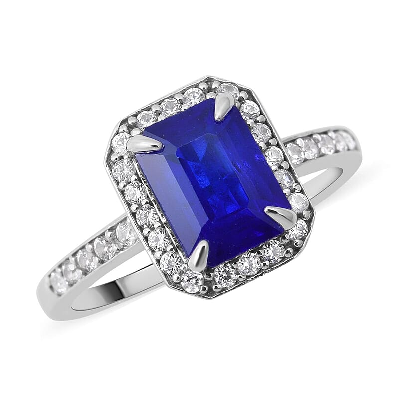 Tanzanian Blue Spinel (DF) and White Zircon Halo Ring in Platinum Over Sterling Silver (Size 10.0) 2.10 ctw