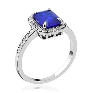 Tanzanian Blue Spinel (DF) and White Zircon Halo Ring in Platinum Over Sterling Silver (Size 7.0) 2.10 ctw