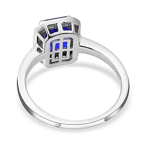 Tanzanian Blue Spinel (DF) and White Zircon Halo Ring in Platinum Over Sterling Silver (Size 7.0) 2.10 ctw