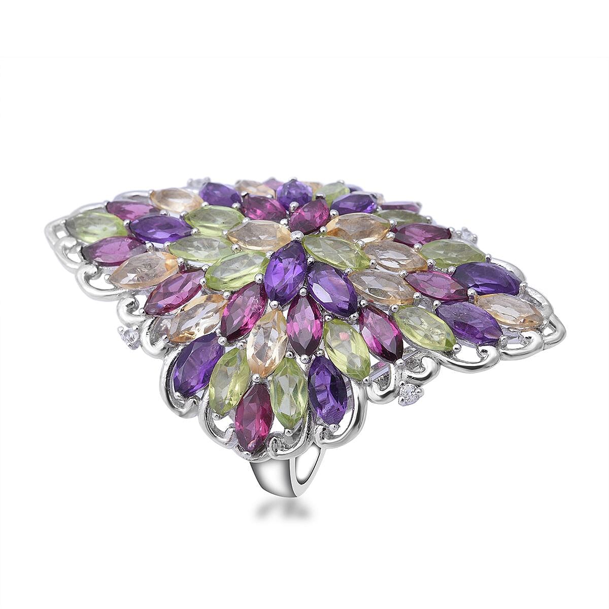 Multi Gemstone and White Zircon Sparkle Ring in Platinum Over Sterling Silver (Size 8.0) 13.00 ctw image number 2
