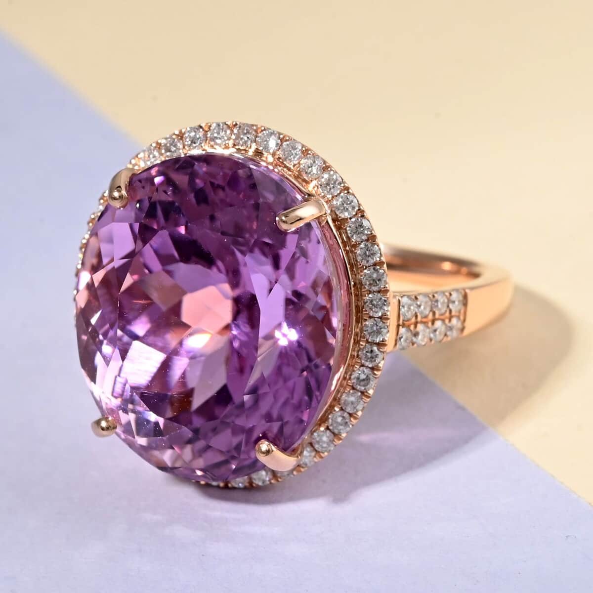 Certified & Appraised ILIANA 18K Rose Gold AAA Patroke Kunzite and G-H SI Diamond Halo Ring 5.80 Grams 18.85 ctw image number 1