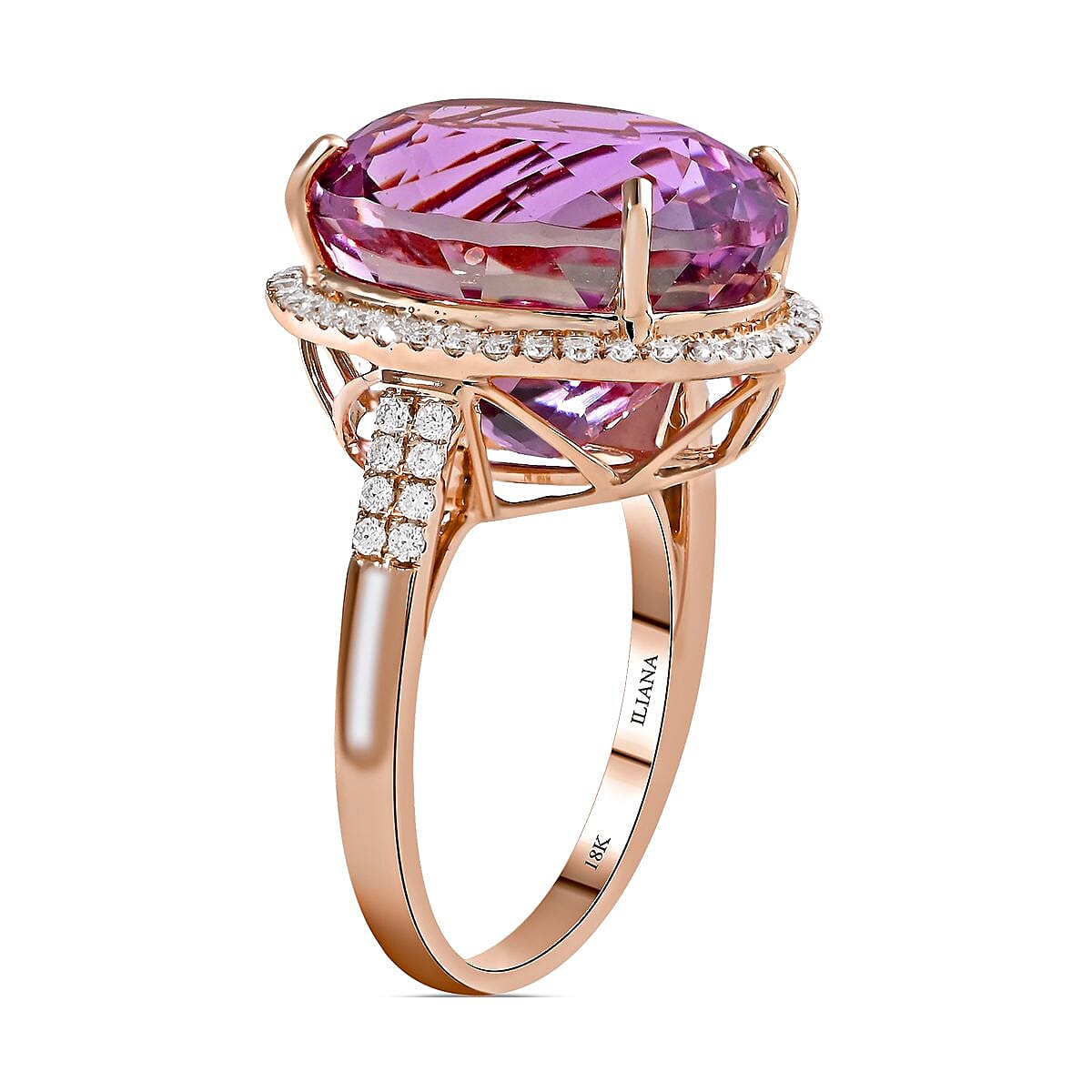 Certified & Appraised Iliana 18K Rose Gold AAA Patroke Kunzite and G-H SI Diamond Halo Ring (Size 10.0) 5.80 Grams 18.85 ctw