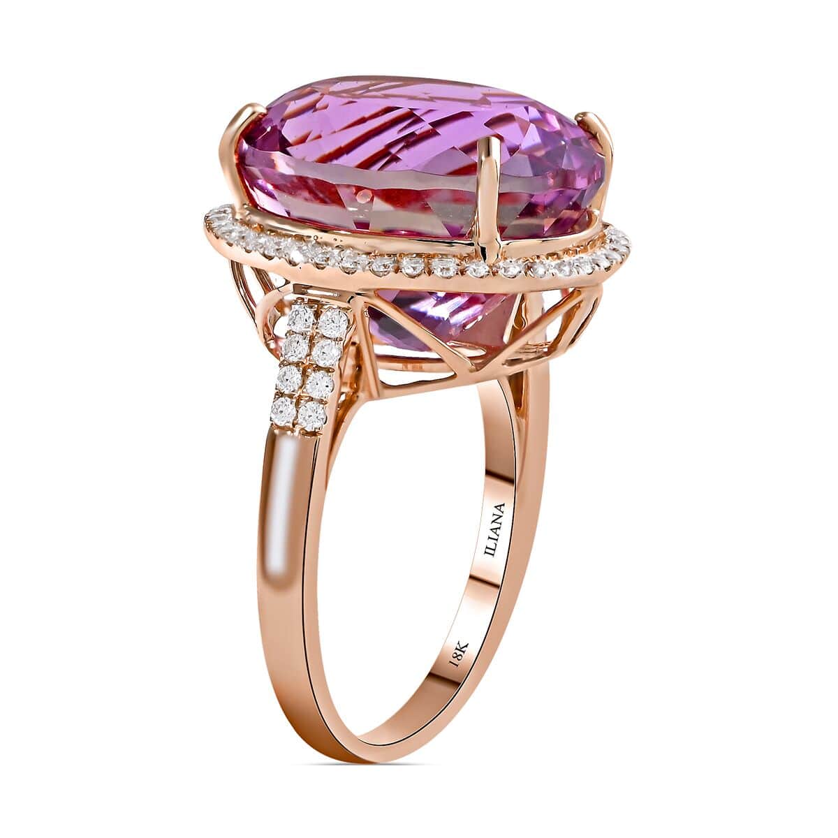 Certified & Appraised ILIANA 18K Rose Gold AAA Patroke Kunzite and G-H SI Diamond Halo Ring 5.80 Grams 18.85 ctw image number 3
