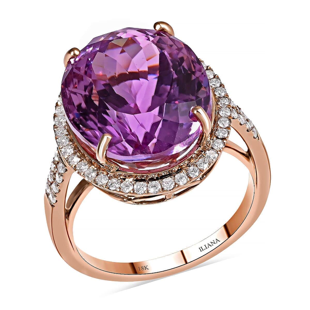 Certified & Appraised Iliana 18K Rose Gold AAA Patroke Kunzite and G-H SI Diamond Halo Ring (Size 7.0) 5.80 Grams 18.85 ctw image number 0