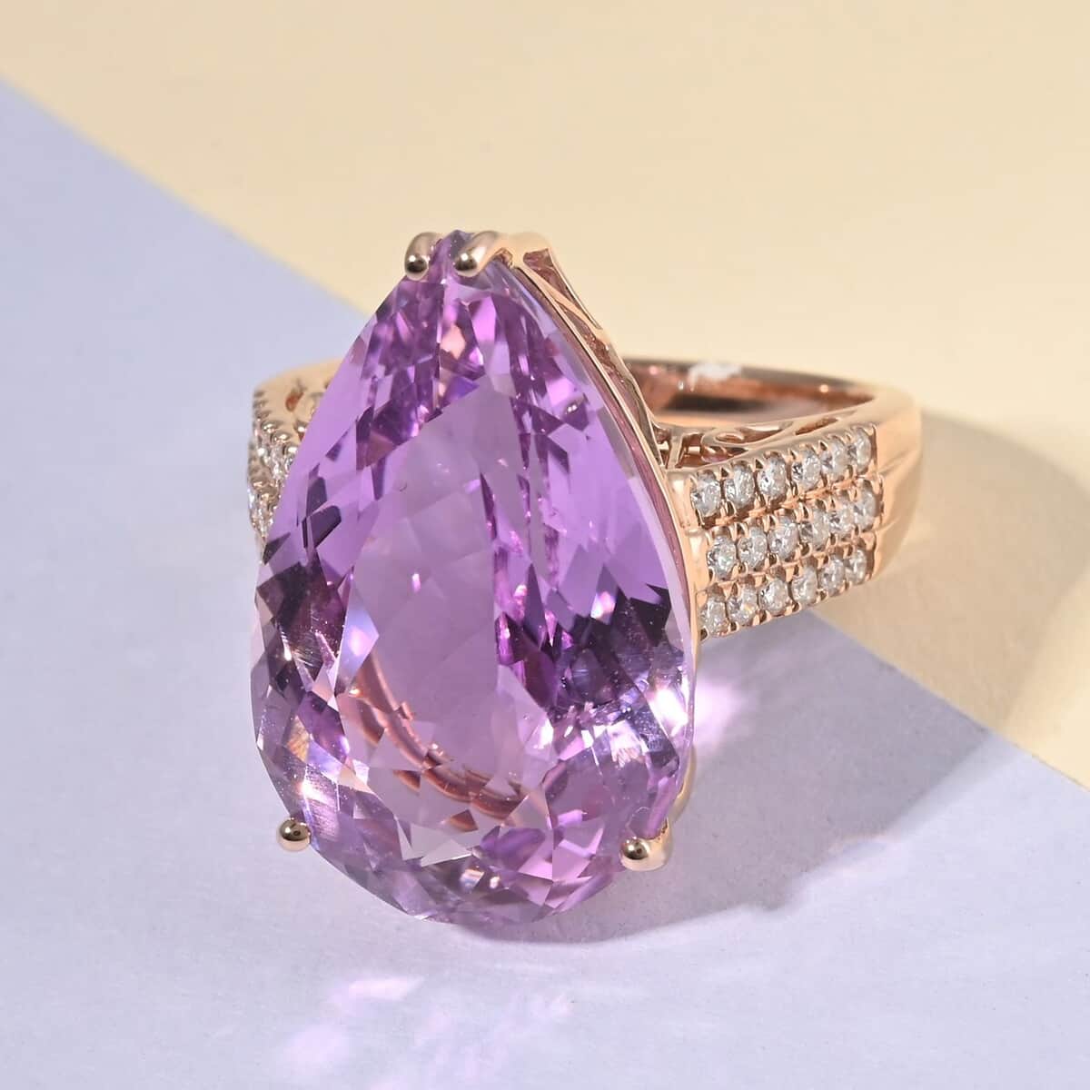 Certified & Appraised ILIANA 18K Rose Gold AAA Patroke Kunzite and G-H SI Diamond Halo Ring 6.35 Grams 23.70 ctw image number 1