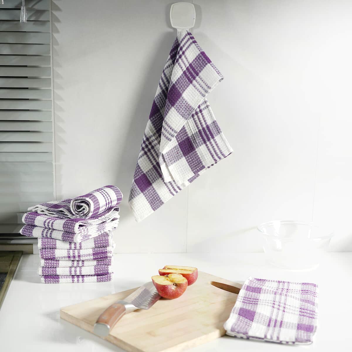 Set of 10 Purple Checked Cotton Kitchen Towels image number 1