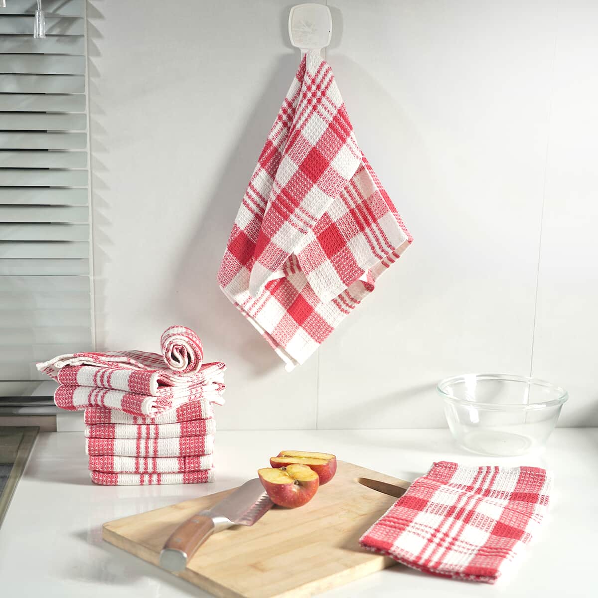 Set of 10 Red Checked Cotton Kitchen Towels image number 1