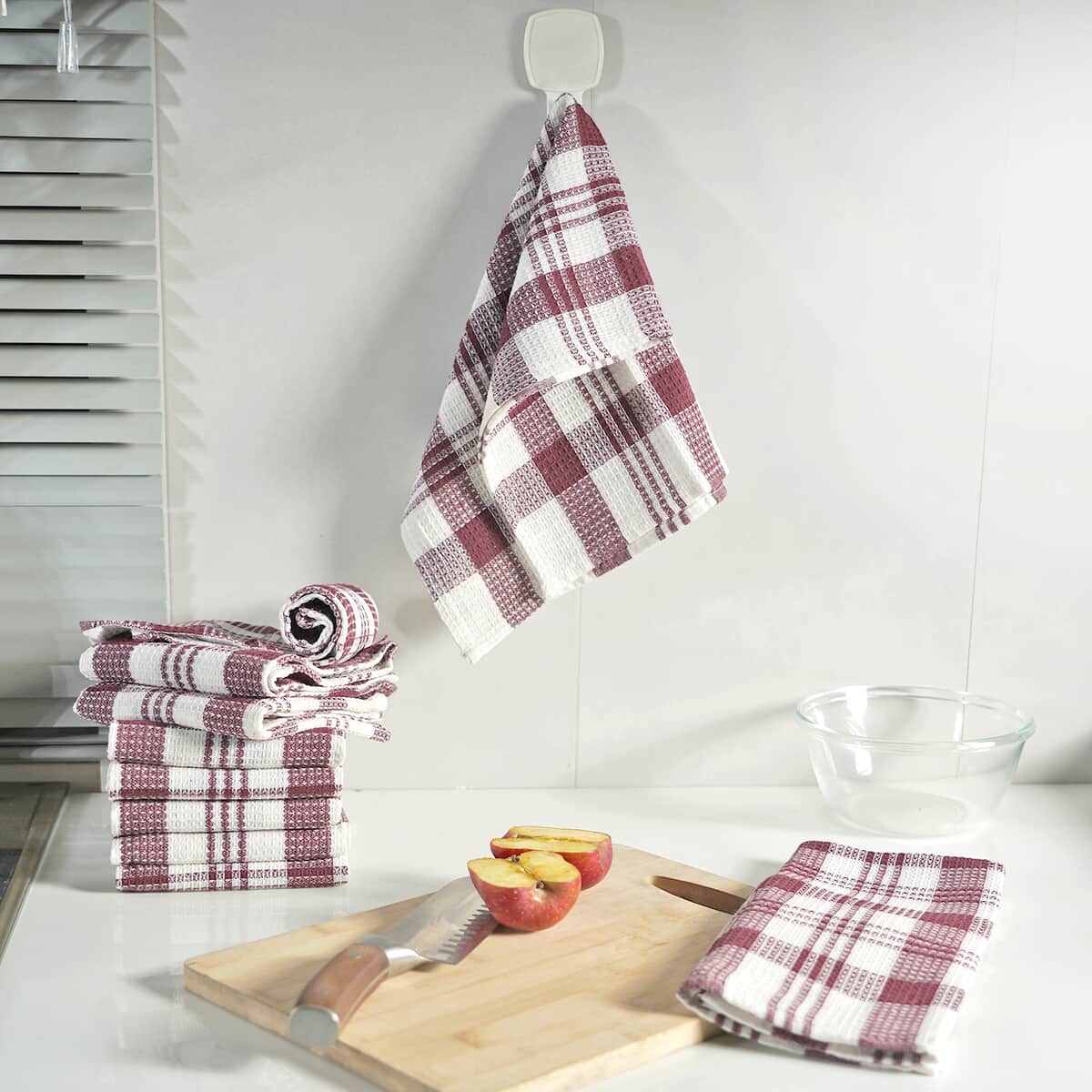 Set of 10 Wine Red Checked Cotton Kitchen Towels image number 1