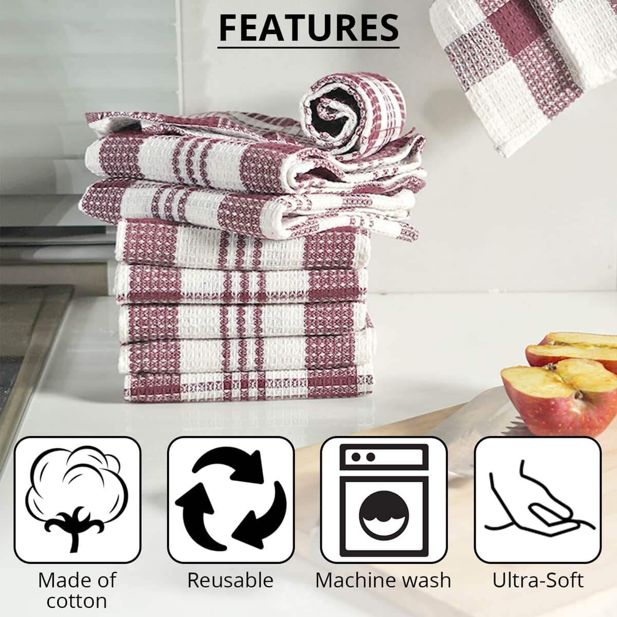 Set of 10 Wine Red Checked Cotton Kitchen Towels image number 2
