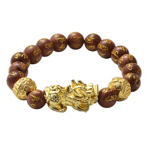 Feng Shui Pixiu Charm Gold Sandstone Carved Beads Stretch Bracelet in Goldtone, Stretchable Bracelet, Good Luck Birthday Gift 129.00 ctw