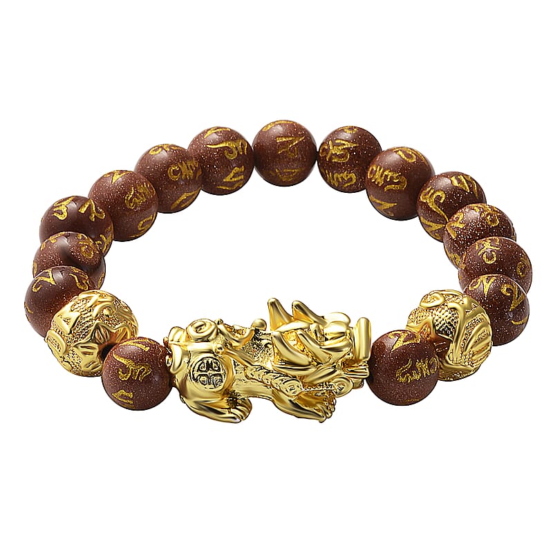 Feng Shui Pixiu Charm Gold Sandstone Carved Beads Stretch Bracelet in Goldtone, Stretchable Bracelet, Good Luck Birthday Gift 129.00 ctw
