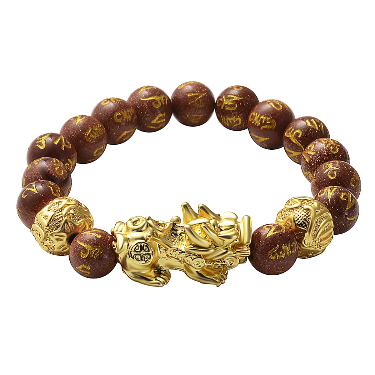 Feng Shui Pixiu Charm Gold Sandstone Carved Beads Stretch Bracelet in Goldtone, Stretchable Bracelet, Good Luck Birthday Gift 129.00 ctw image number 0