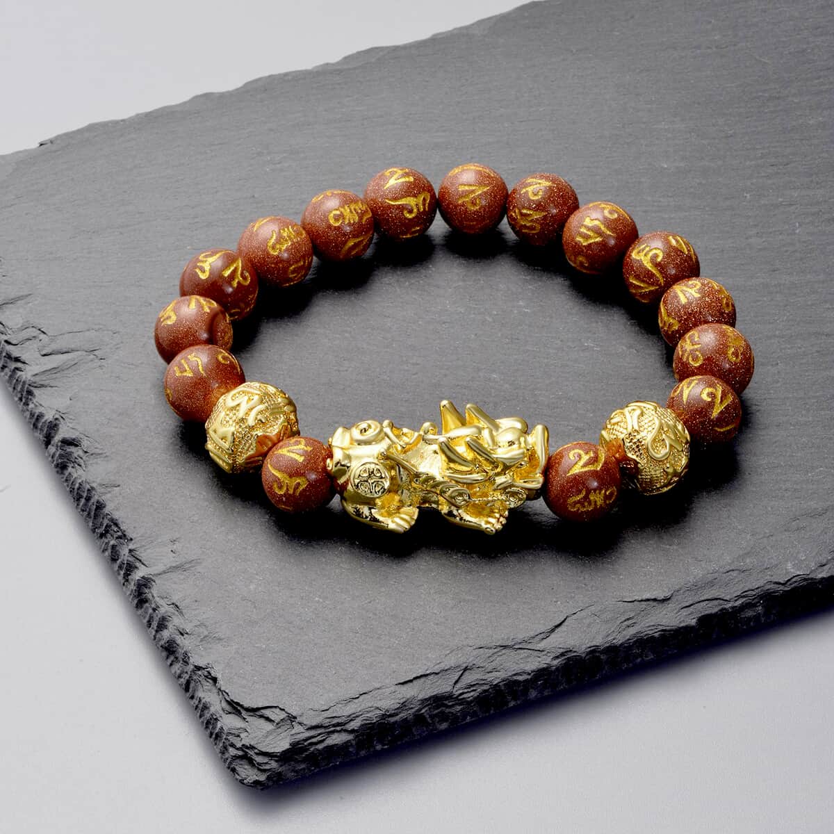 Feng Shui Pixiu Charm Gold Sandstone Carved Beads Stretch Bracelet in Goldtone, Stretchable Bracelet, Good Luck Birthday Gift 129.00 ctw image number 1