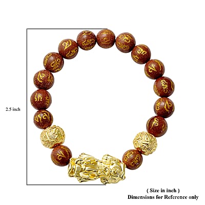 Feng Shui Pixiu Charm Gold Sandstone Carved Beads Stretch Bracelet in Goldtone, Stretchable Bracelet, Good Luck Birthday Gift 129.00 ctw