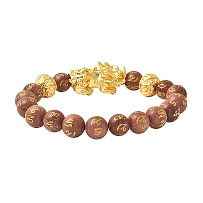 Feng Shui Pixiu Charm Gold Sandstone Carved Beads Stretch Bracelet in Goldtone, Stretchable Bracelet, Good Luck Birthday Gift 129.00 ctw