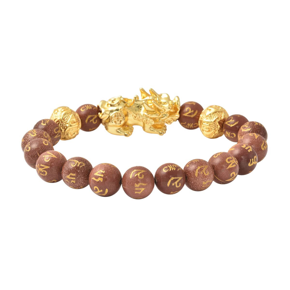 Feng Shui Pixiu Charm Gold Sandstone Carved Beads Stretch Bracelet in Goldtone, Stretchable Bracelet, Good Luck Birthday Gift 129.00 ctw image number 3