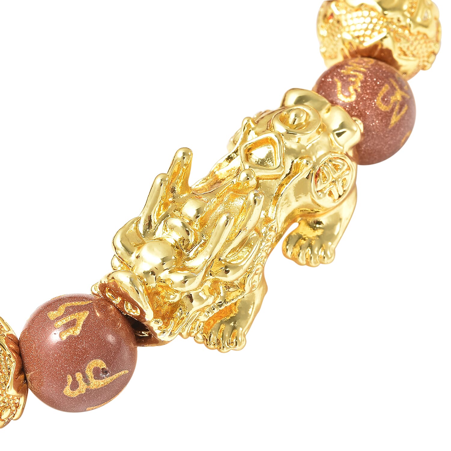 Feng Shui Pixiu Charm Gold Sandstone Carved Beads Stretch Bracelet in Goldtone, Stretchable Bracelet, Good Luck Birthday Gift 129.00 ctw
