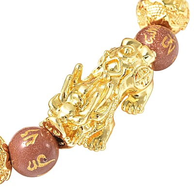 Feng Shui Pixiu Charm Gold Sandstone Carved Beads Stretch Bracelet in Goldtone, Stretchable Bracelet, Good Luck Birthday Gift 129.00 ctw