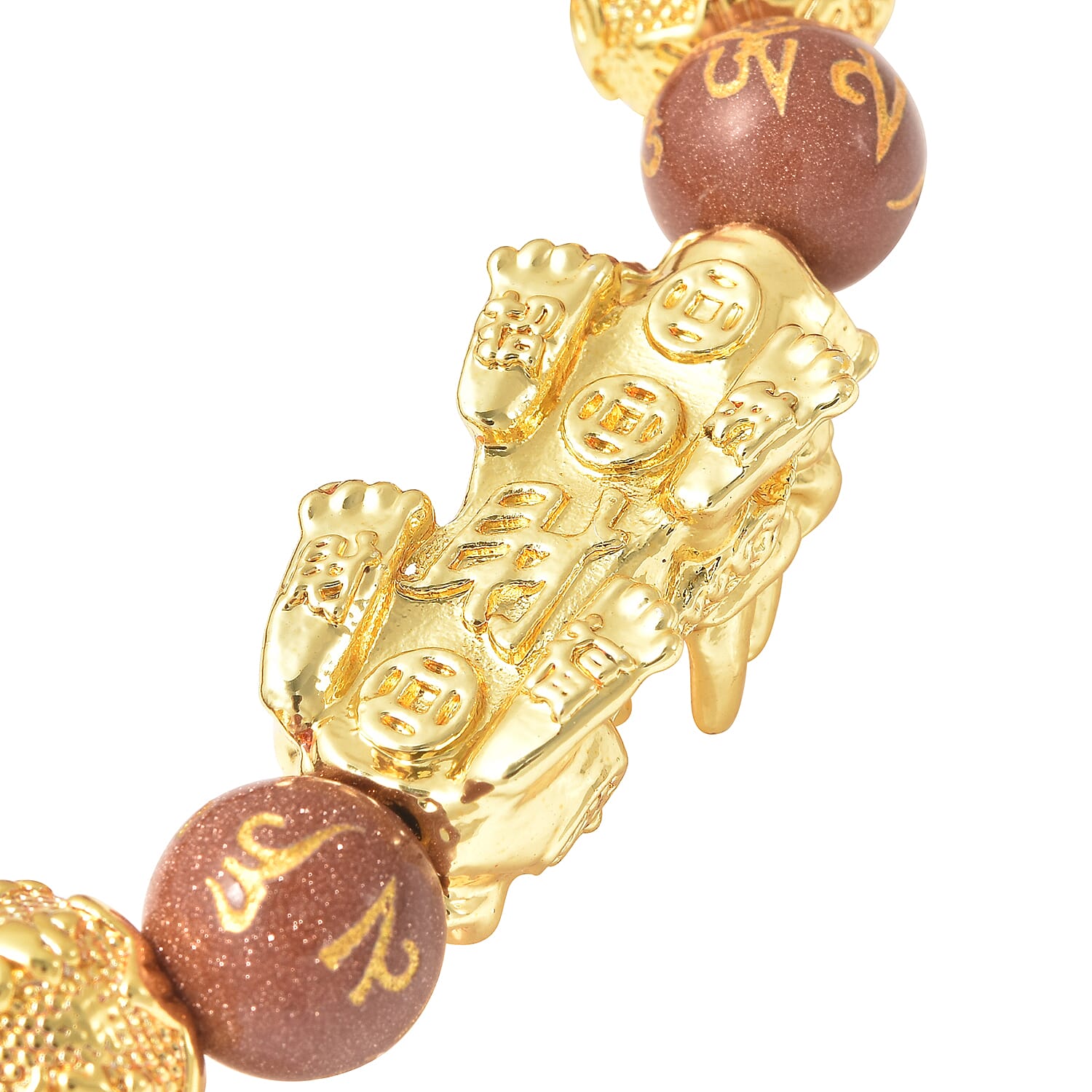 Feng Shui Pixiu Charm Gold Sandstone Carved Beads Stretch Bracelet in Goldtone, Stretchable Bracelet, Good Luck Birthday Gift 129.00 ctw