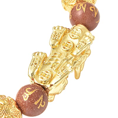 Feng Shui Pixiu Charm Gold Sandstone Carved Beads Stretch Bracelet in Goldtone, Stretchable Bracelet, Good Luck Birthday Gift 129.00 ctw