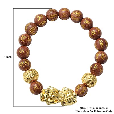 Feng Shui Pixiu Charm Gold Sandstone Carved Beads Stretch Bracelet in Goldtone, Stretchable Bracelet, Good Luck Birthday Gift 129.00 ctw