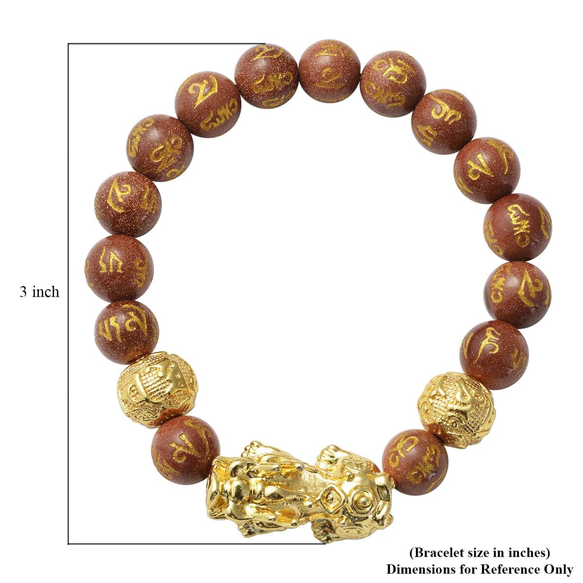 Feng Shui Pixiu Charm Gold Sandstone Carved Beads Stretch Bracelet in Goldtone, Stretchable Bracelet, Good Luck Birthday Gift 129.00 ctw image number 6