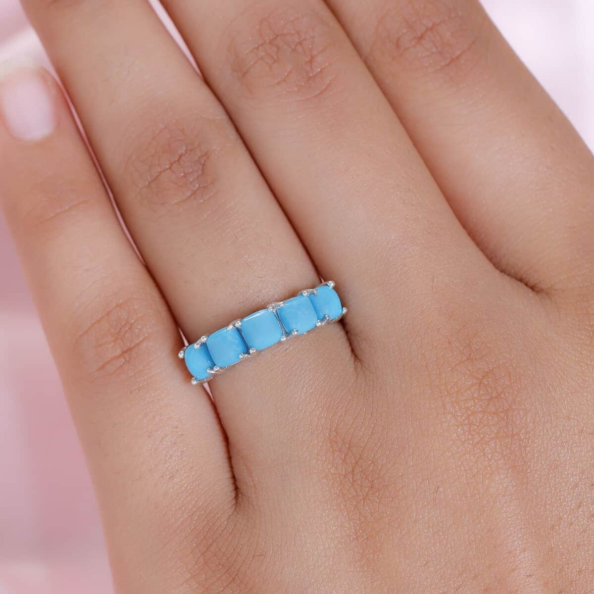 Premium AMERICAN Natural Sleeping Beauty Turquoise 5 Stone Ring in Platinum Over Sterling Silver 1.75 ctw image number 2