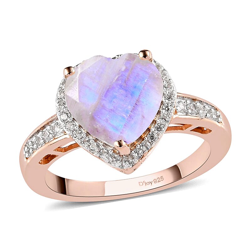 Moon Glow Moonstone and Natural White Zircon Heart Ring in Vermeil Rose Gold Over Sterling Silver (Size 10.0) 2.60 ctw