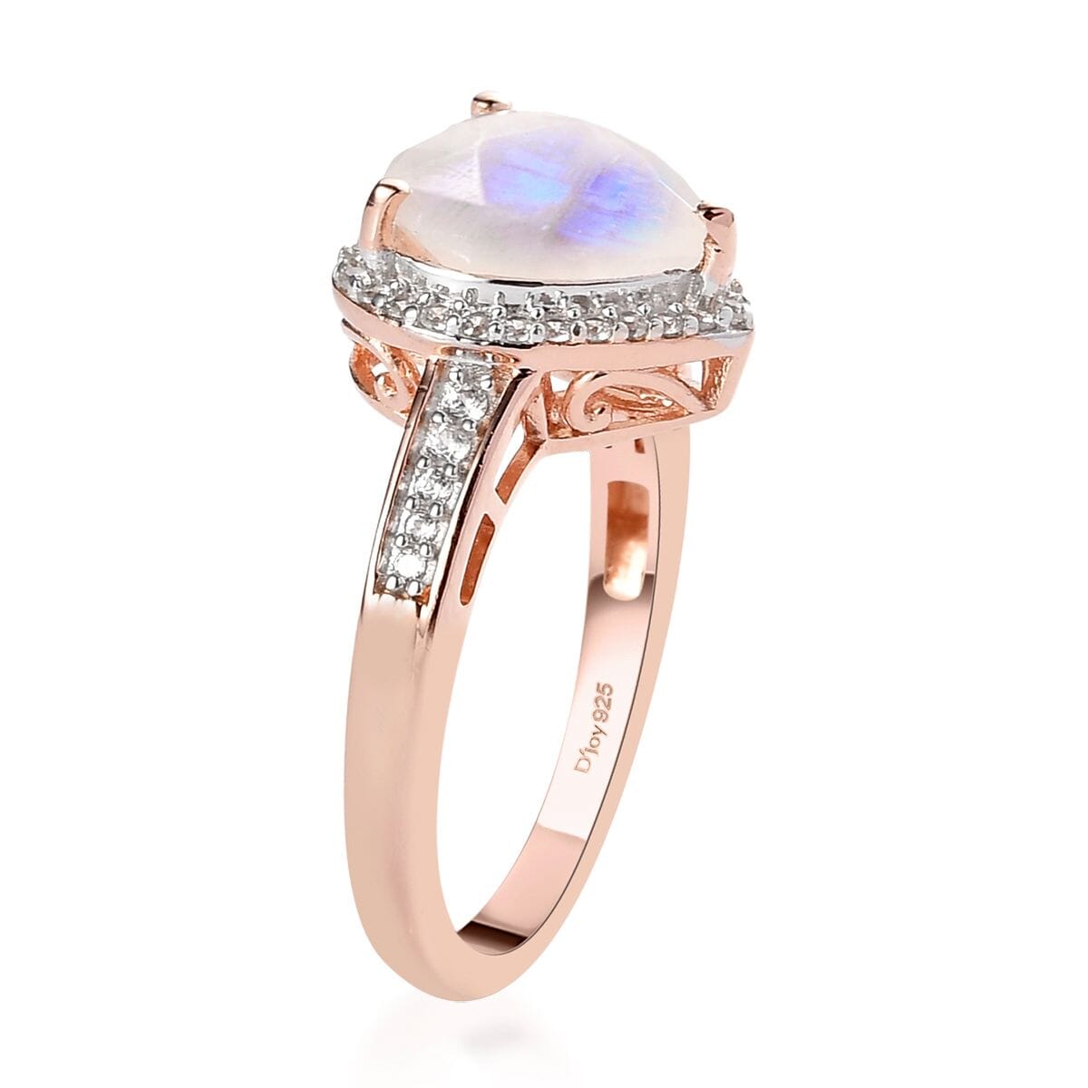 Moon Glow Moonstone and Natural White Zircon Heart Ring in Vermeil Rose Gold Over Sterling Silver (Size 10.0) 2.60 ctw image number 3