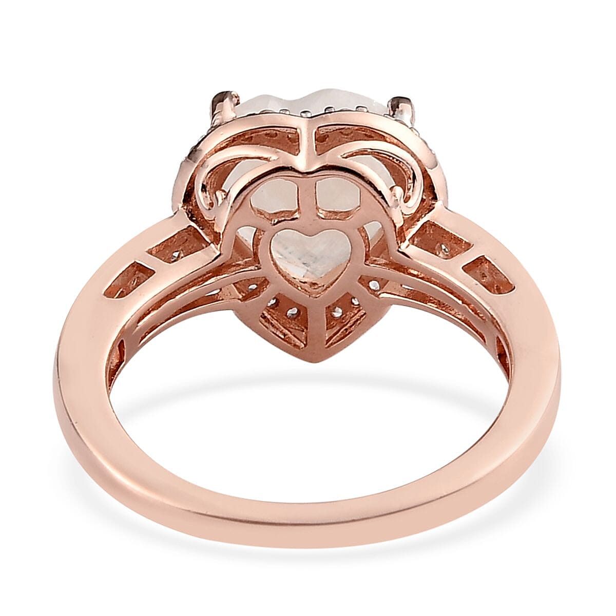 Moon Glow Moonstone and Natural White Zircon Heart Ring in Vermeil Rose Gold Over Sterling Silver (Size 10.0) 2.60 ctw