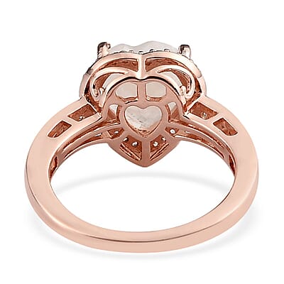 Moon Glow Moonstone and Natural White Zircon Heart Ring in Vermeil Rose Gold Over Sterling Silver (Size 10.0) 2.60 ctw
