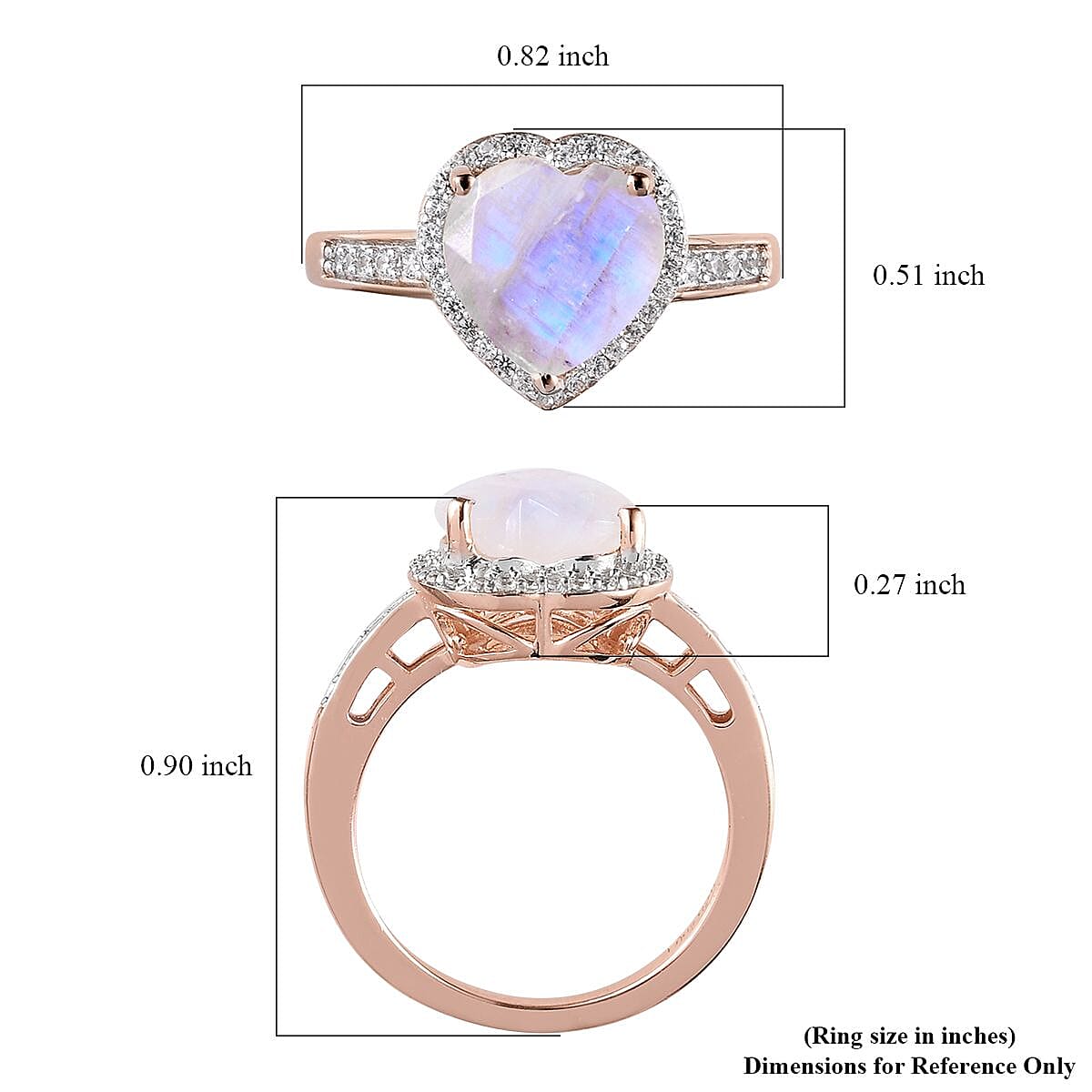 Moon Glow Moonstone and Natural White Zircon Heart Ring in Vermeil Rose Gold Over Sterling Silver (Size 10.0) 2.60 ctw