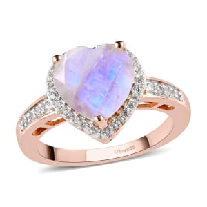 Moon Glow Moonstone and Natural White Zircon Heart Ring in Vermeil Rose Gold Over Sterling Silver (Size 9.0) 2.60 ctw