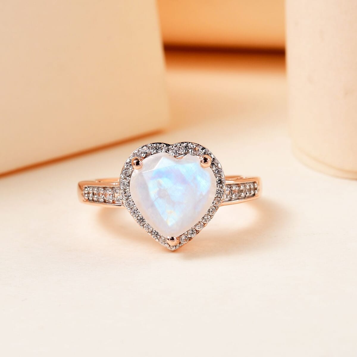 Moon Glow Moonstone and Natural White Zircon Heart Ring in Vermeil Rose Gold Over Sterling Silver (Size 9.0) 2.60 ctw image number 1