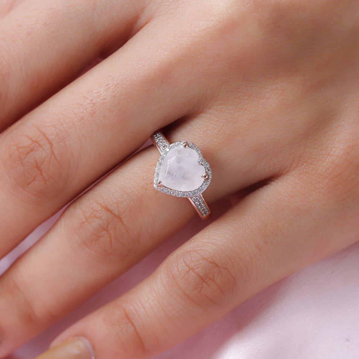 Moon Glow Moonstone and Natural White Zircon Heart Ring in Vermeil Rose Gold Over Sterling Silver (Size 9.0) 2.60 ctw image number 2